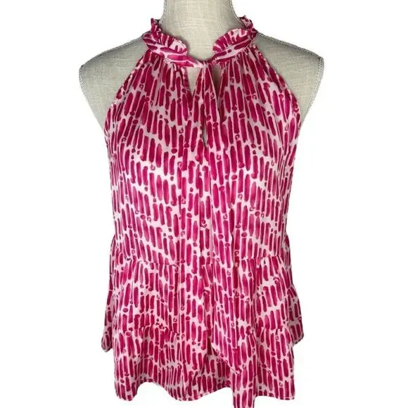 Skies Are Blue Pink Preppy Chevron Watercolor Halter Tiered Babydoll Tank Top - Picture 3 of 7